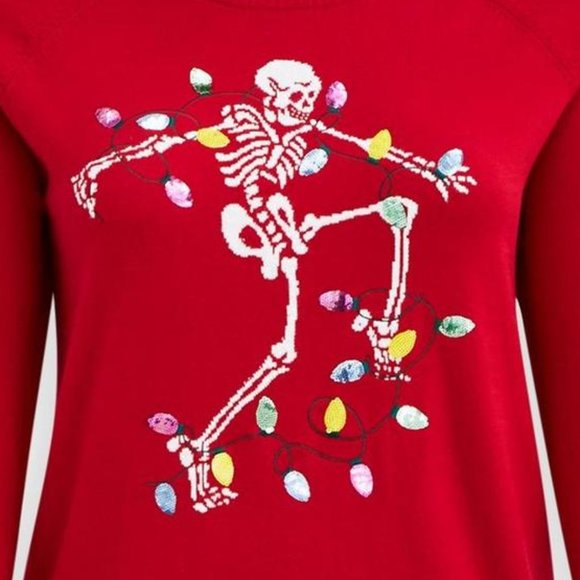 Torrid - Sweater 1X Red Crew Top Skeleton Sequin Christmas Lights Punk New - Picture 3 of 4